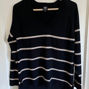Womens Bobeau Black & Tan Striped V-neck Sweater_Size S